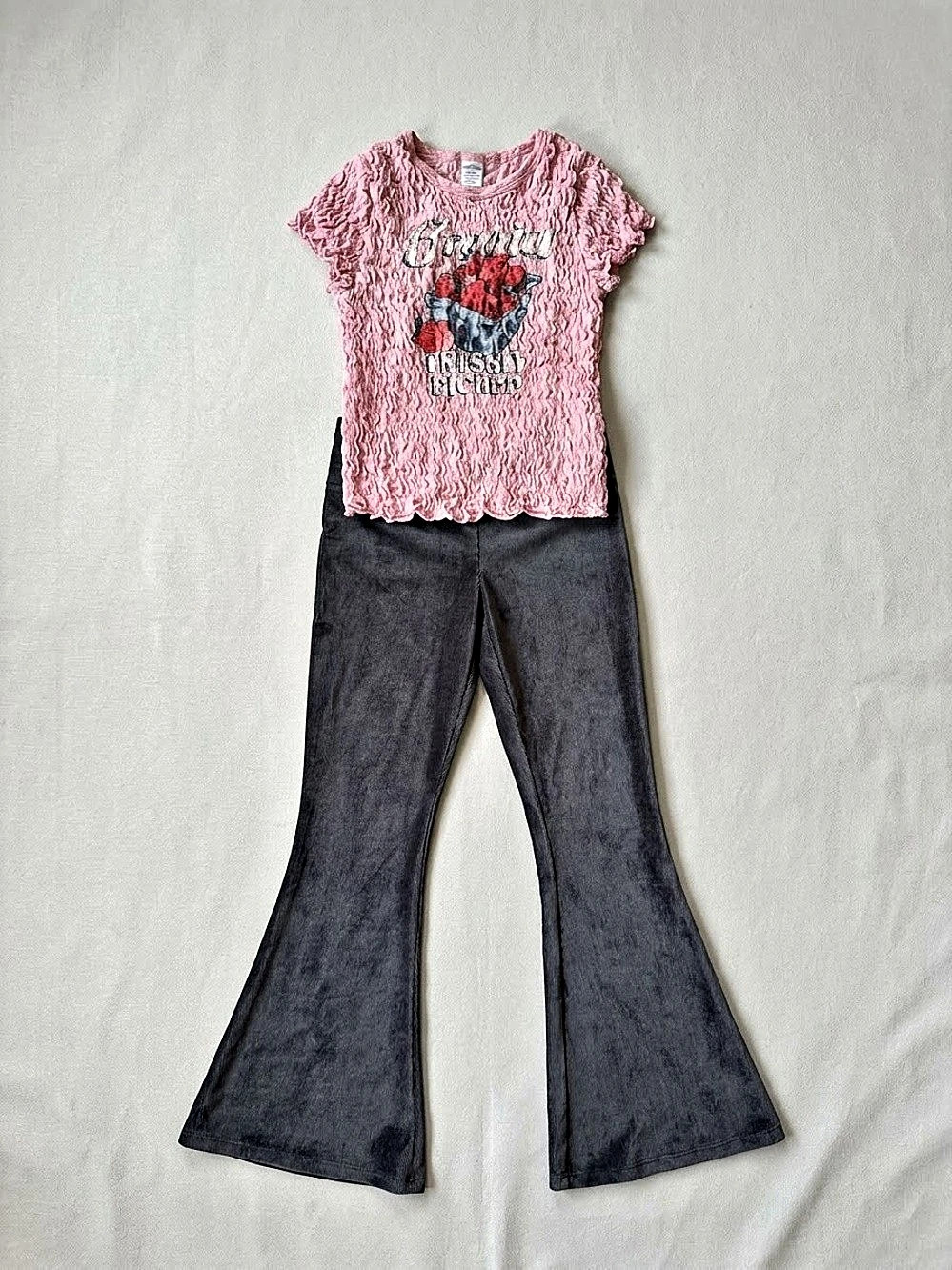 Girl's SO Gray Velvet Cord Bell Bottoms & Pink Old Navy Berry Smocked Top Set